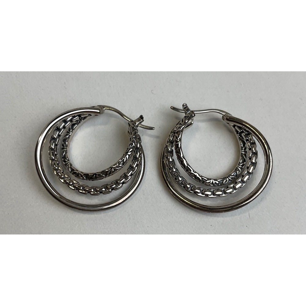JAI Sterling Silver Triple Row Hoop Earrings Box Chain Carved 925 Thailand 1in